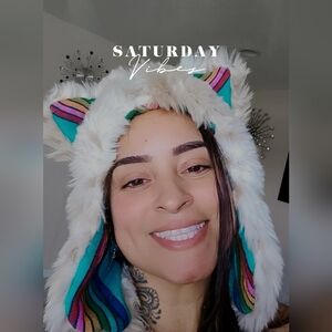 Furry Cat Ear Hat with Rainbow Stripes